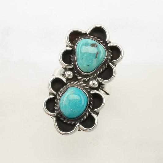 Vintage Native American Silver Ring Double, Turquoise Floral Sterling Blue Size 6 1/2