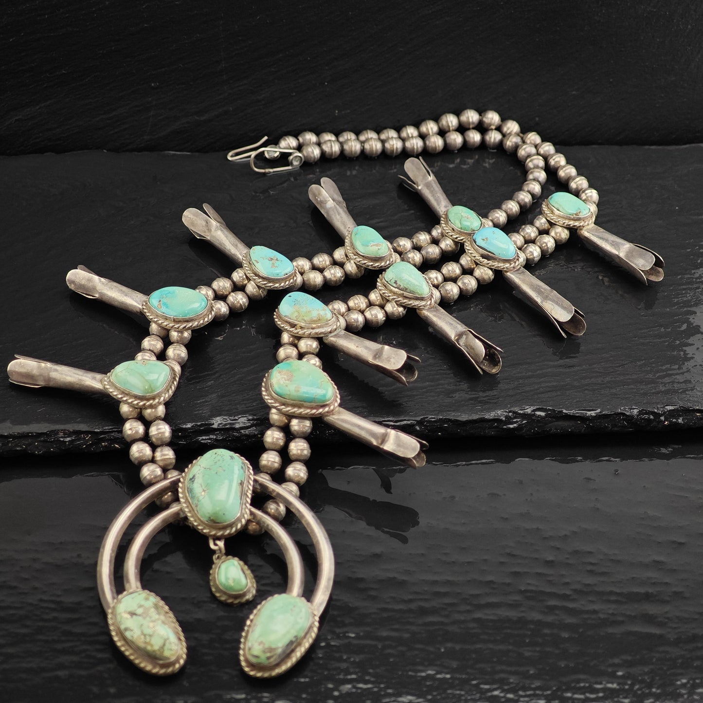 Vintage Southwest Turquoise Sterling Silver Squash Blossom Necklace N2720