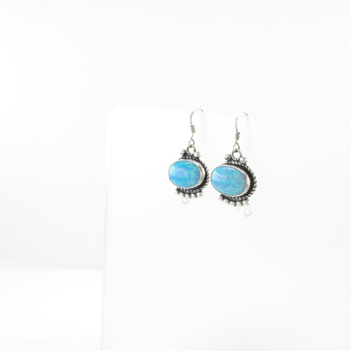 Vintage Lab Opal Blue Fish Hook Earrings Sterling Silver With Rope Detail