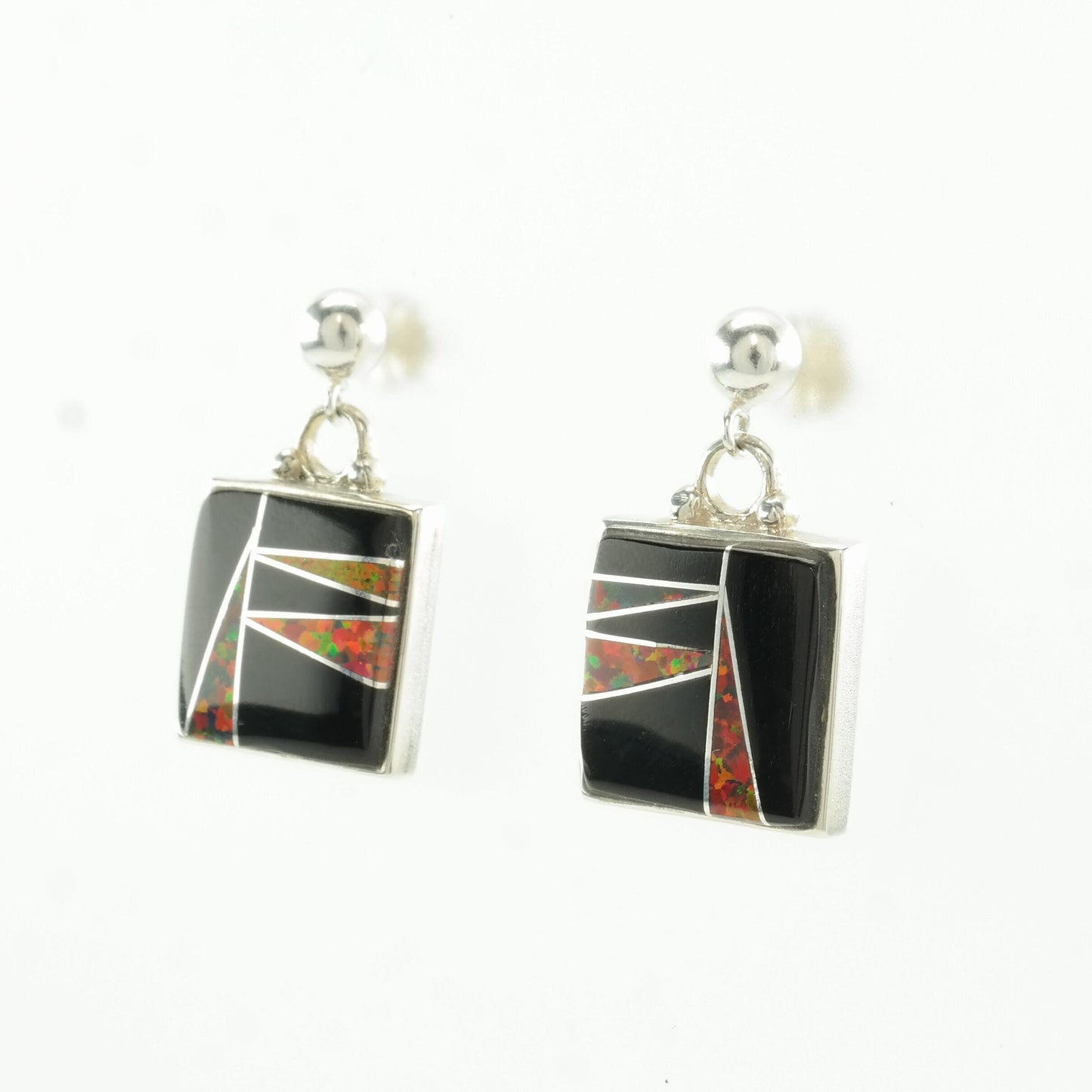 Ferris Sterling Silver Onyx, Fire Lab Opal Inlay Earrings Stud, Dangle