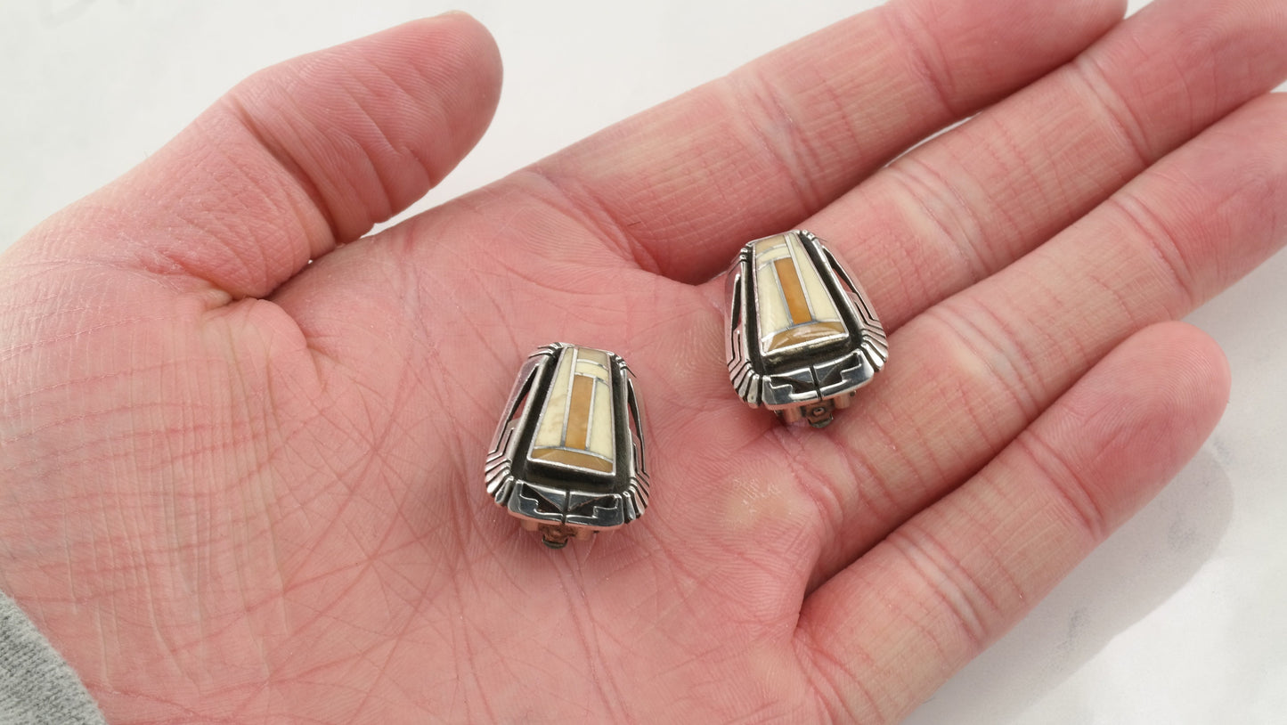 Native American Sterling Silver Mosaic Inlay Shadowbox Earrings Clip On