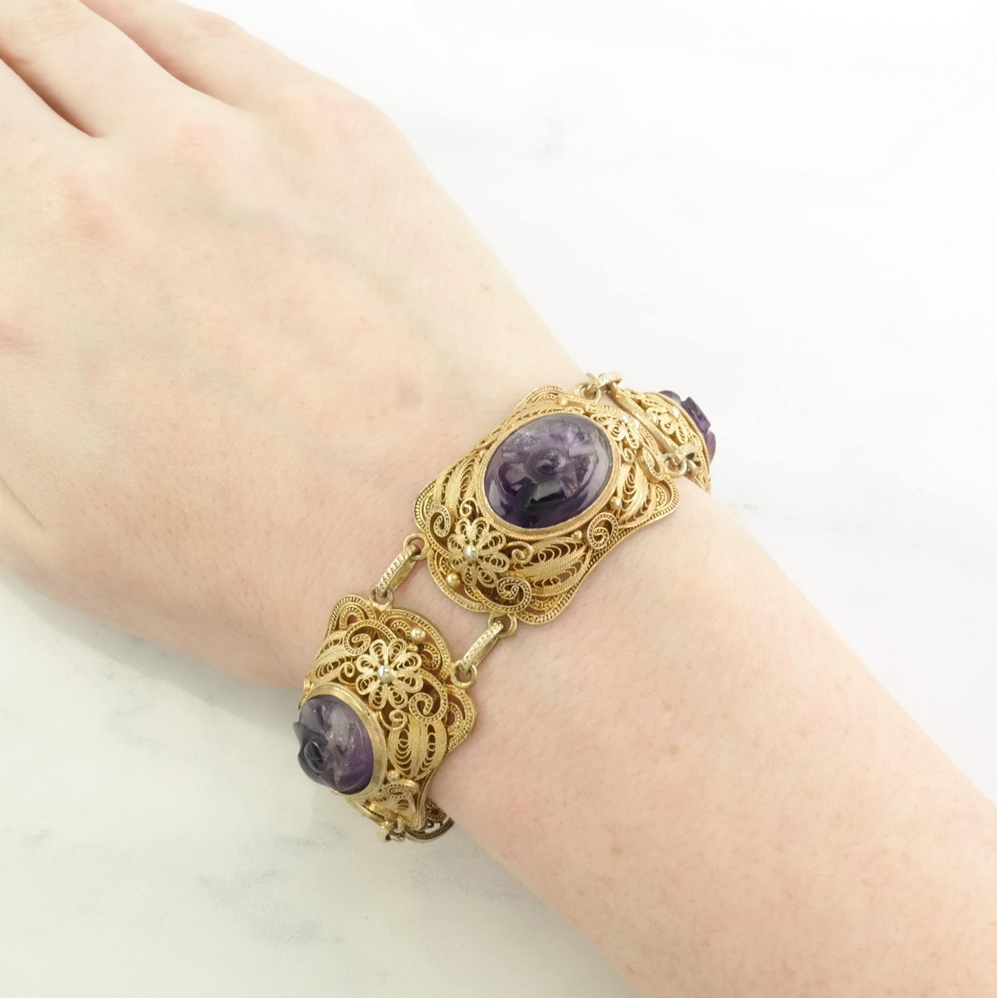 Chinese, Export Sterling Silver Link Bracelet Gold Gilded, Purple Amethyst, Carved, Flower Gold Gilded, Filigree