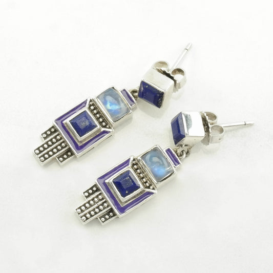 Nicky Butler Sterling Silver Lapis Lazuli, Moonstone, Enamel Art Deco Style Earrings Stud/Dangle