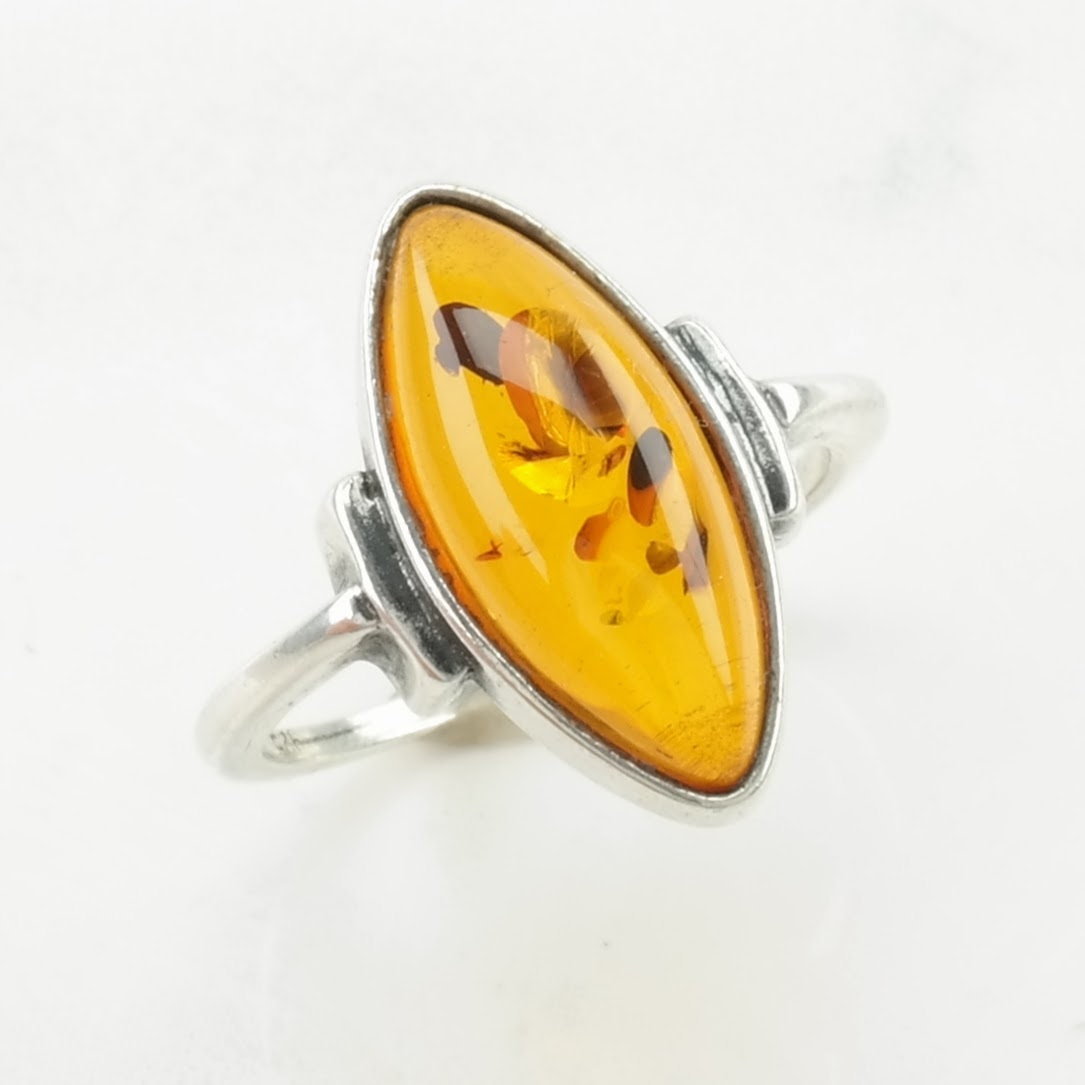 Navette Amber Silver Ring Sterling Orange