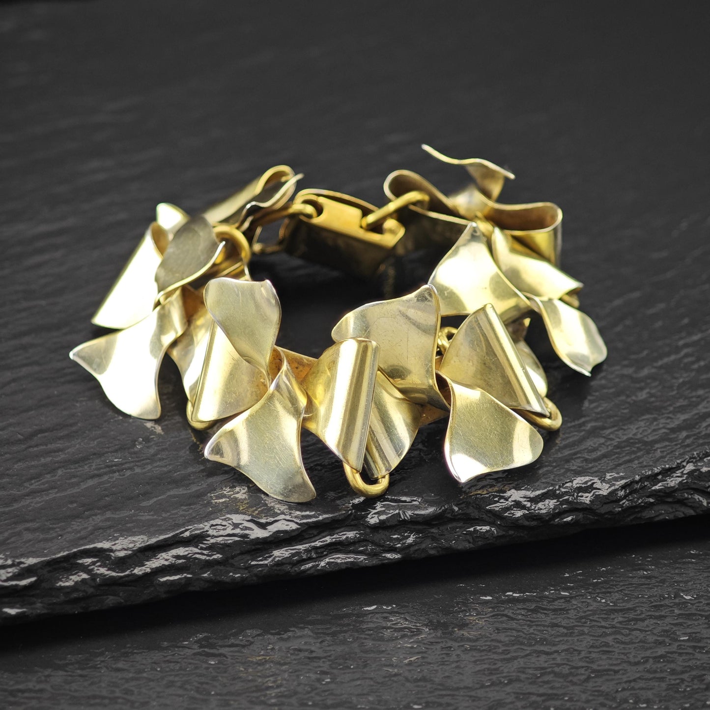 Gold Gilded Floral Link Bracelet Sterling Silver Size 6 3/4"