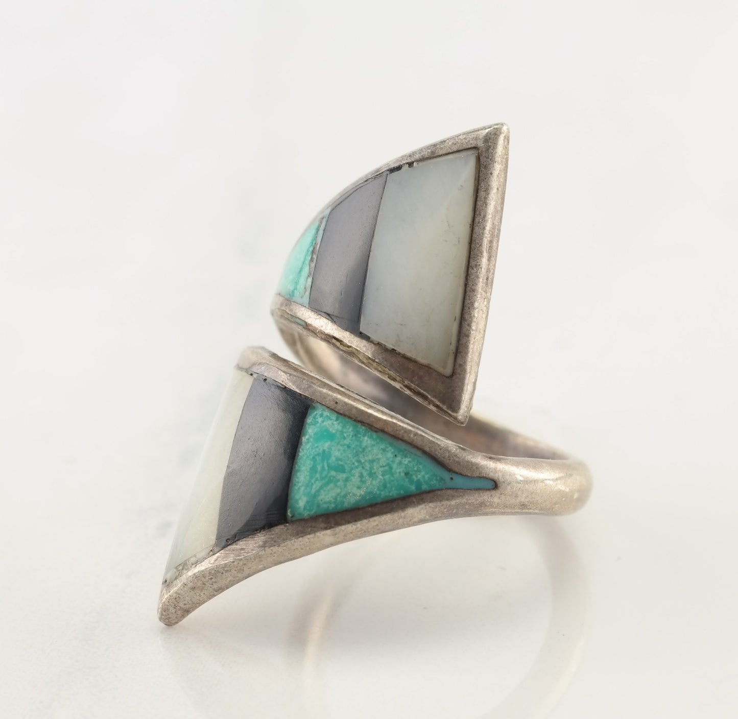 Southwest Silver Ring Turquoise, MOP, Jet Oval Sterling Size 8 3/4