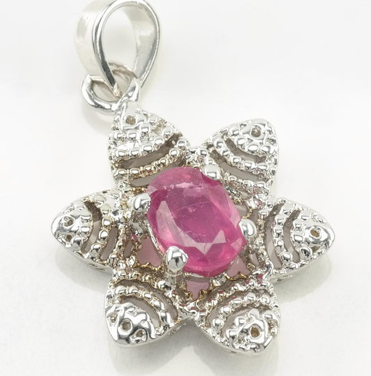 Vintage Treated Ruby CZ Floral Sterling Silver Pendant