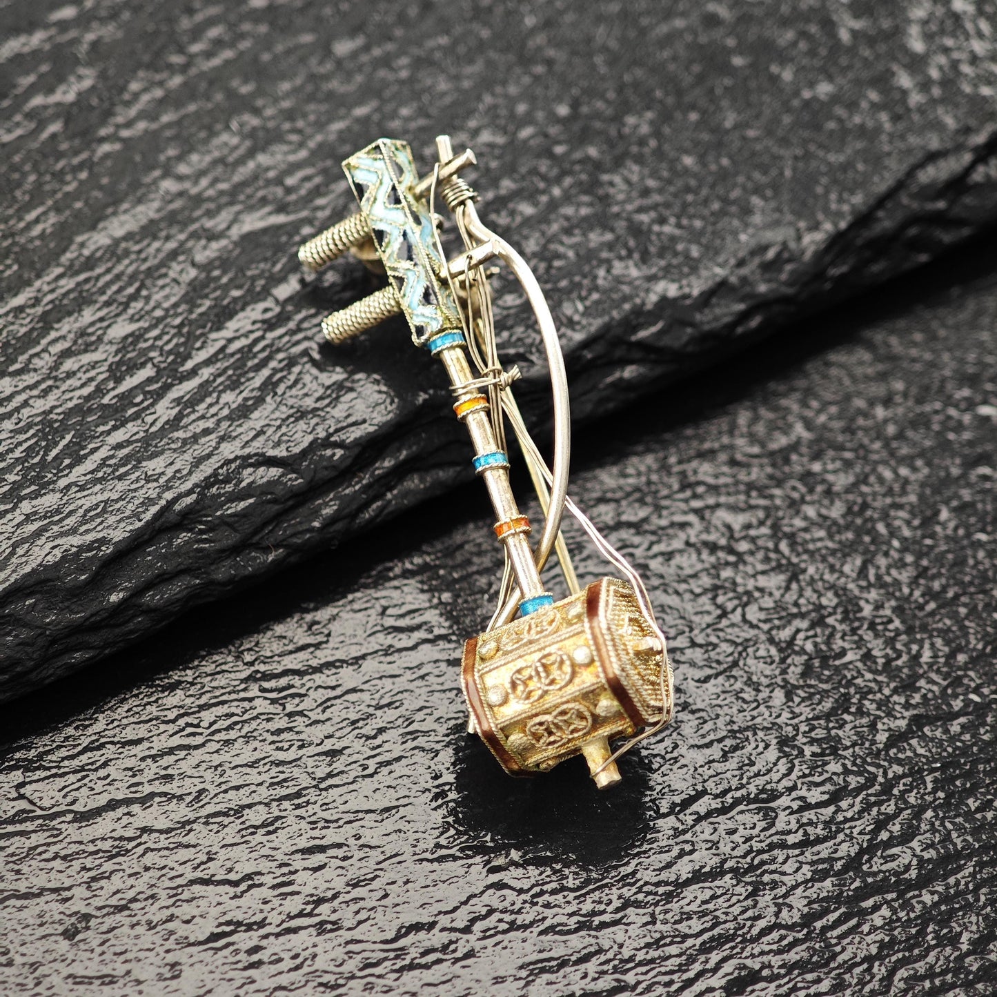 Chinese Export Erhu, Musical Instrument Enamel Brooch/Pendant Sterling Silver