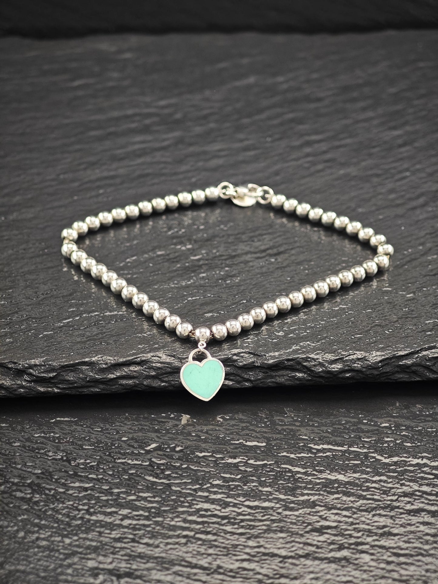 Vintage Tiffany & Co. Teal Heart Charm Bracelet Sterling Silver