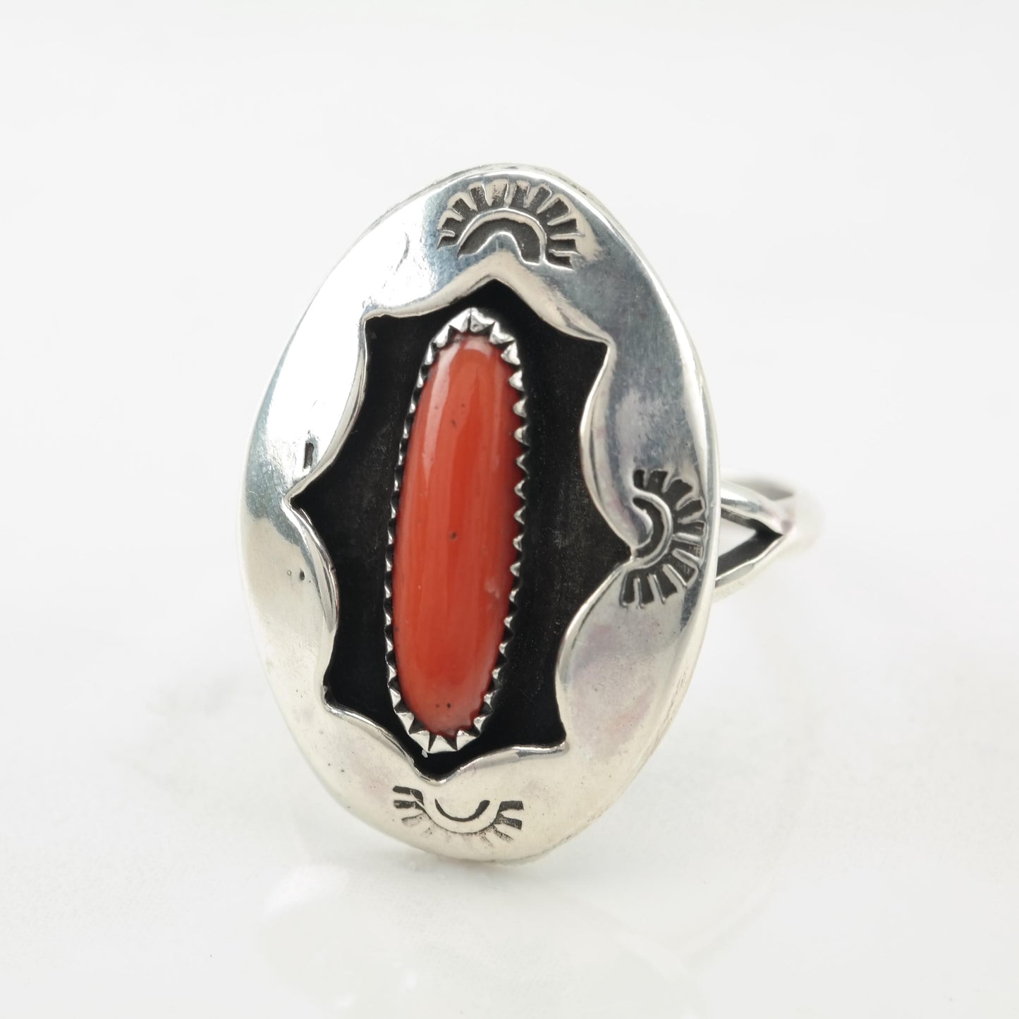 Coral Shadow Box Native American Silver Ring Sterling Size 9 1/2