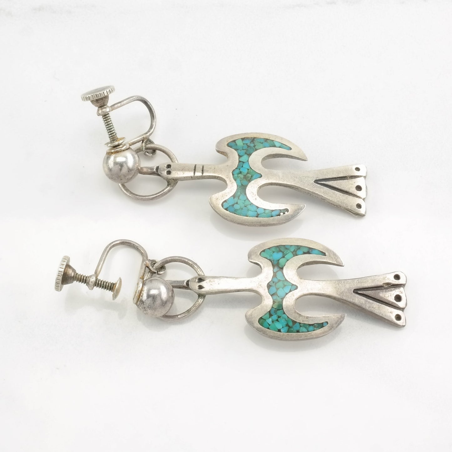 Native American Sterling Silver Blue Crushed Turquoise Inlay Bird Earrings Screwback, Dangle