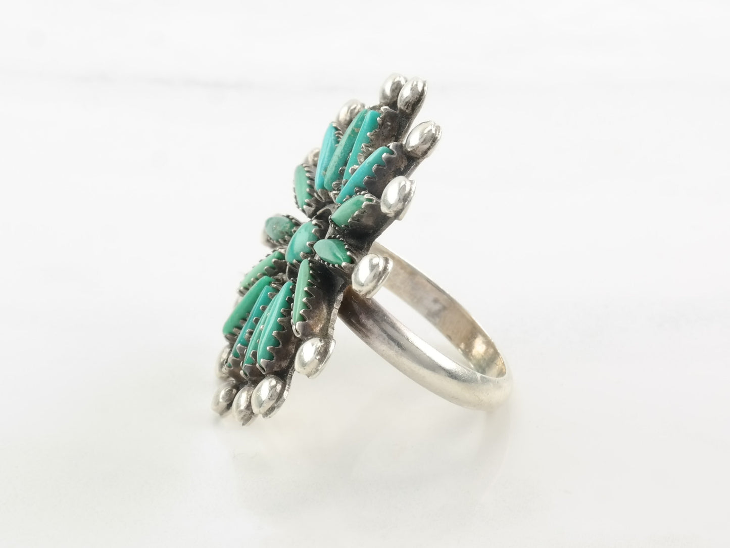 Vintage Zuni Silver Ring Turquoise Needlepoint, Floral Sterling Size 8 3/4
