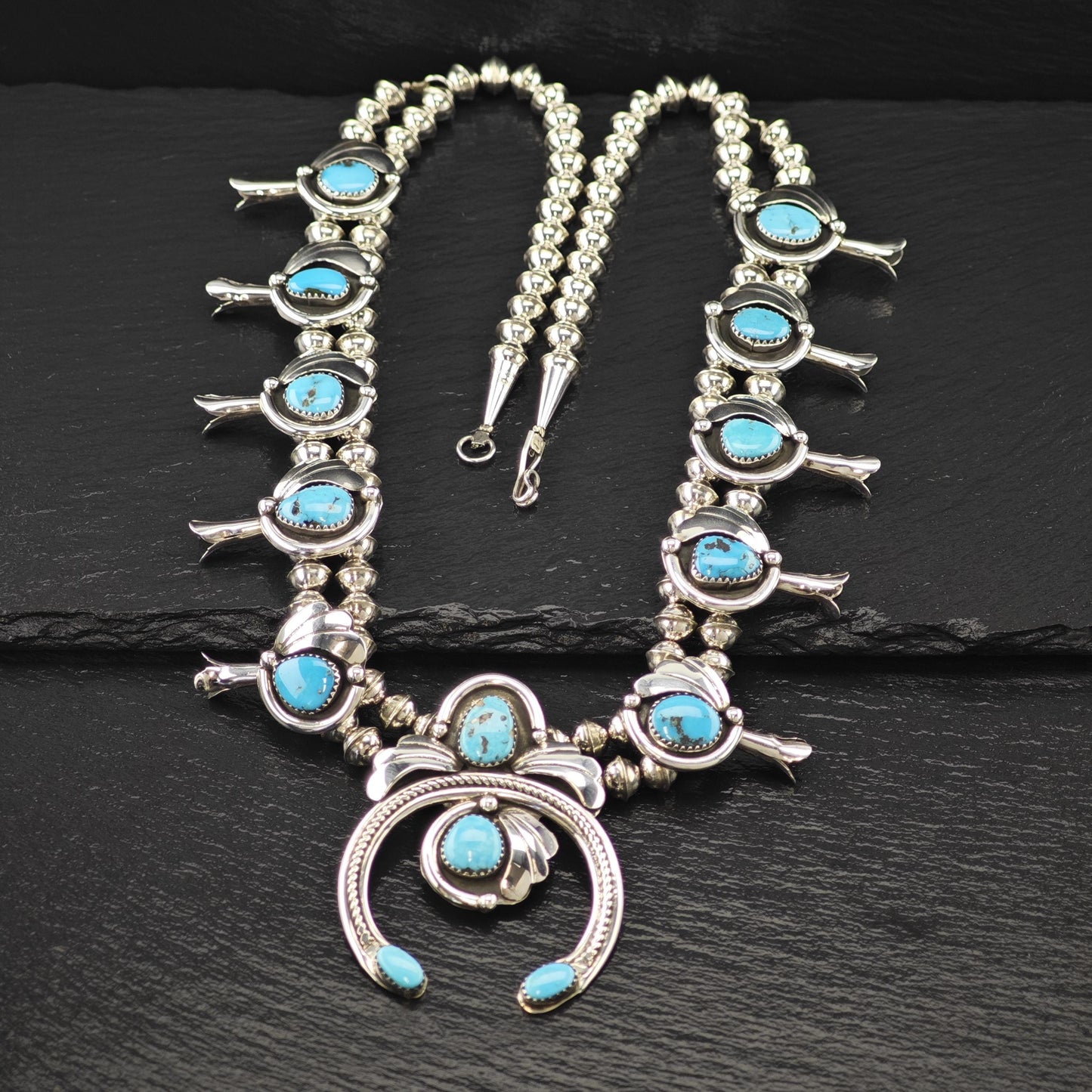 Vintage Native American Sterling Silver Blue Turquoise Squash Blossom Necklace