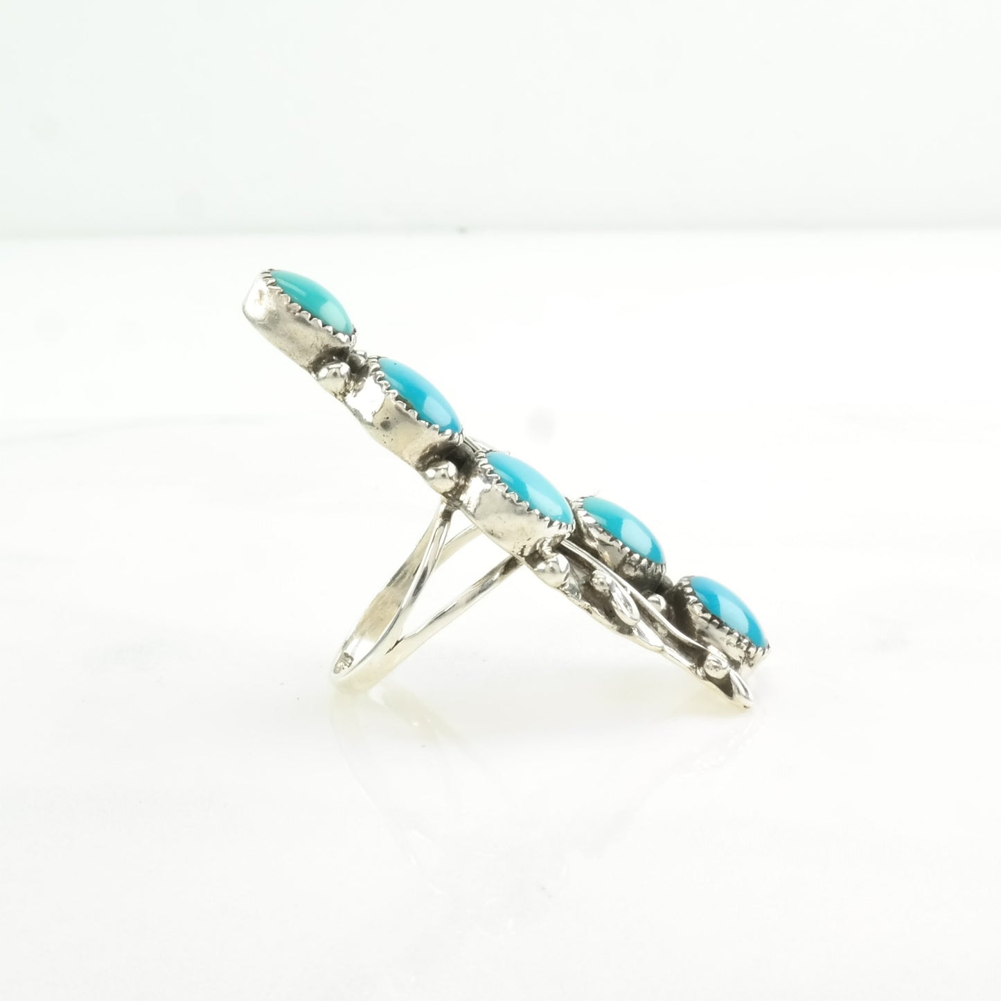 Southwest Silver Ring Block Turquoise Floral Sterling Blue Size 7 1/4