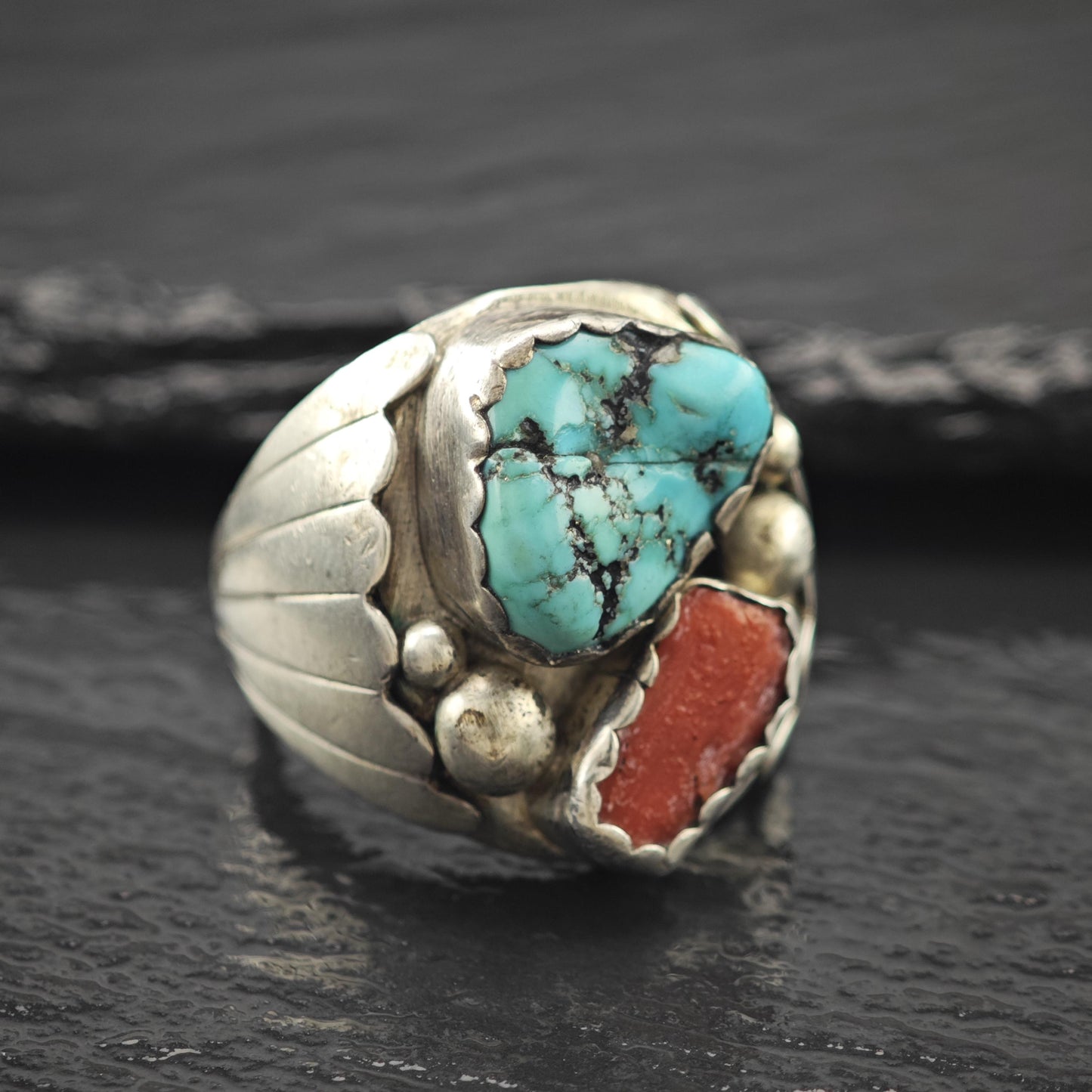 Native American Turquoise, Coral Ring Sterling Silver Size 9 3/4