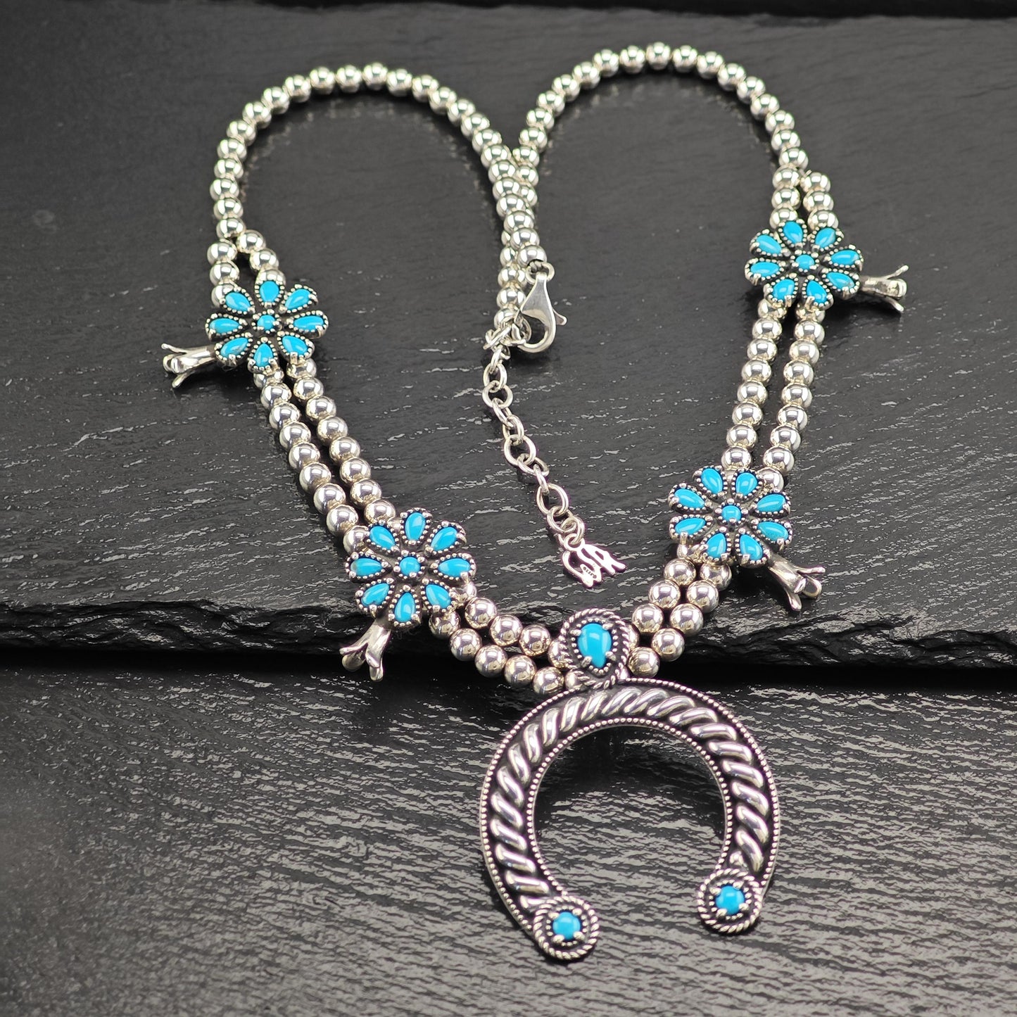 Carolyn Pollack Sterling Silver Squash Blossom Necklace with Removable Blue Turquoise Pendant