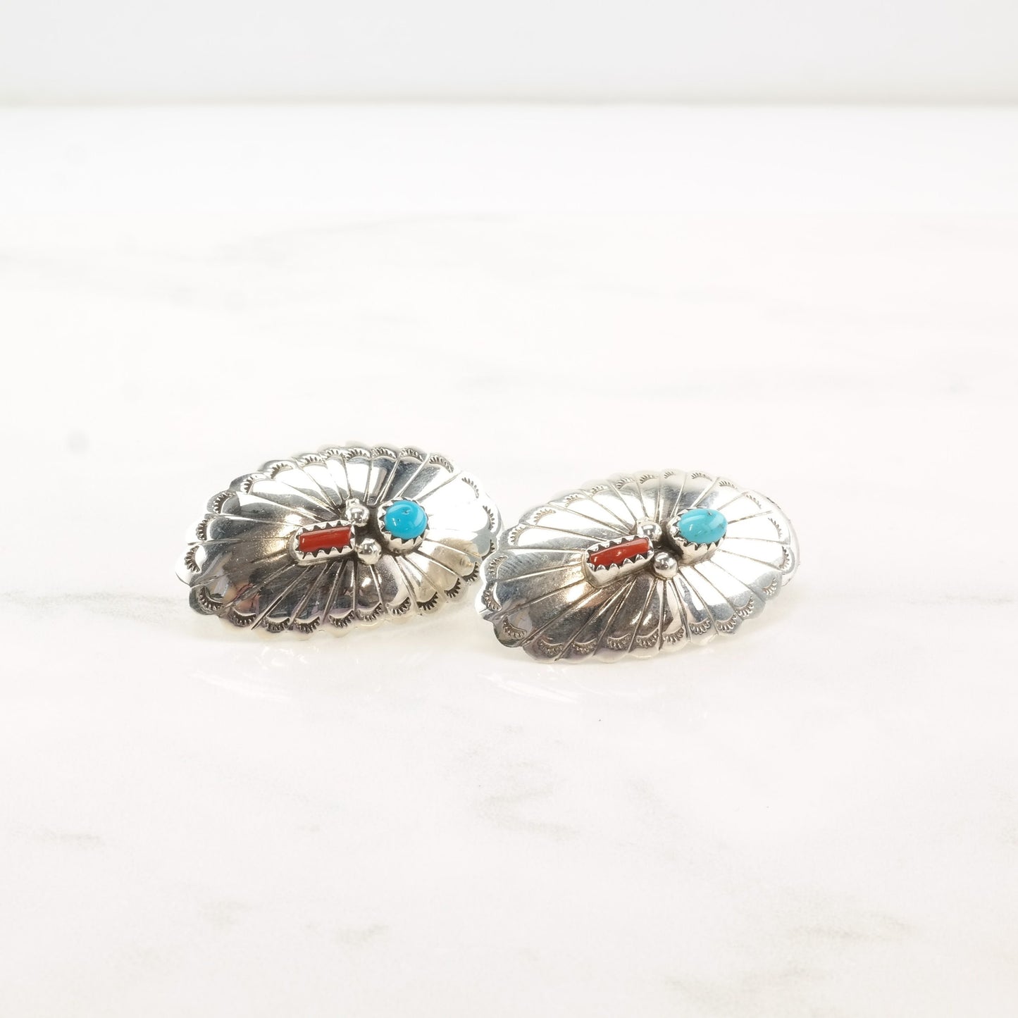 Native American Sterling Silver Turquoise Coral Concho Earrings Stud