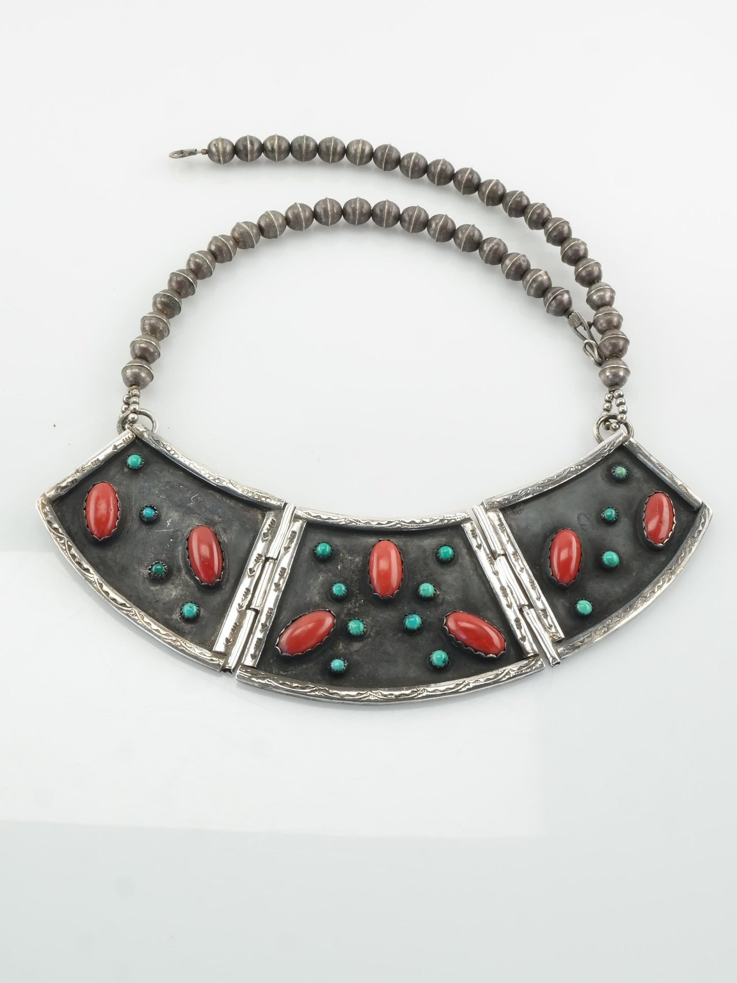 Vintage Native American Statement Sterling Silver Turquoise Coral Plaque Cluster Necklace