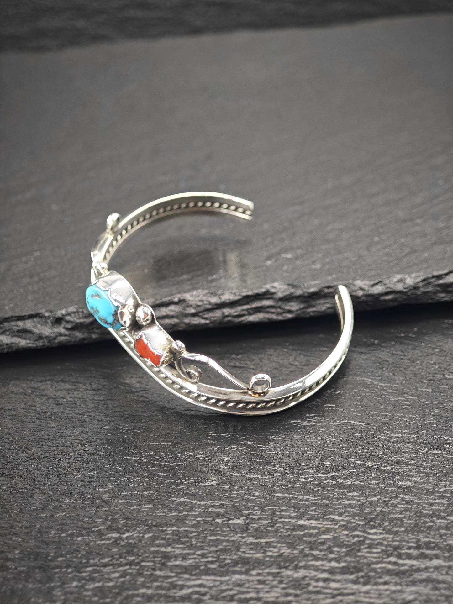 Navajo, Native American Turquoise, Coral Cuff Bracelet Sterling Silver