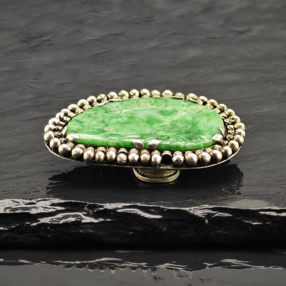 AS IS Carved Jadeite Jade Sterling Silver Fur Clip MISC0415