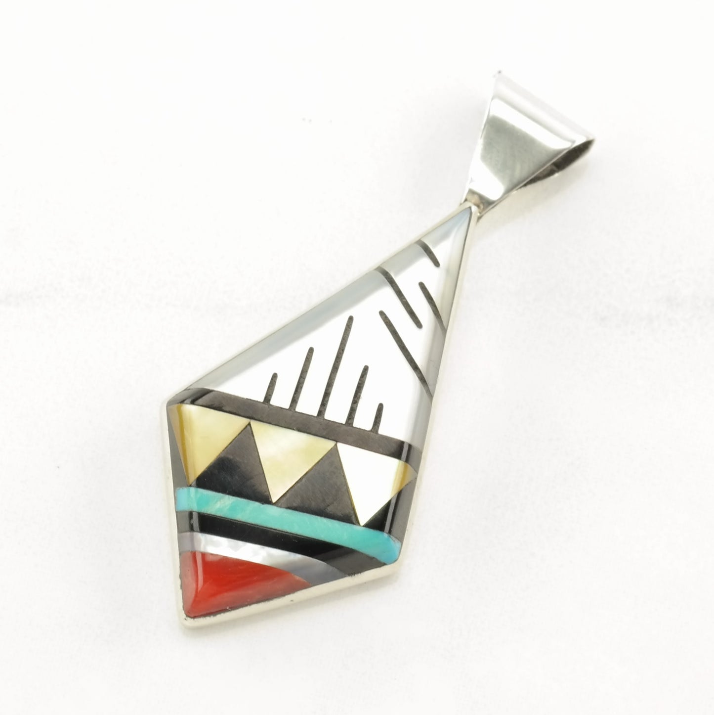 Zuni Multi Stone Inlay, Geometric Sterling Silver Pendant