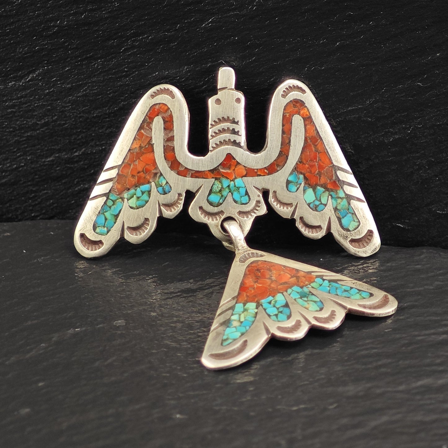 Native American Coral, Turquoise Inlay Thunderbird Pendant/Brooch, Sterling Silver P3020