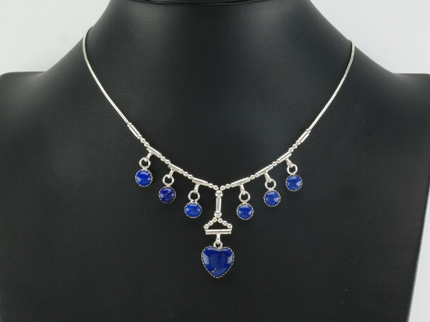 Southwest Sterling Silver Blue Lapis Lazuli Heart, Beaded Necklace