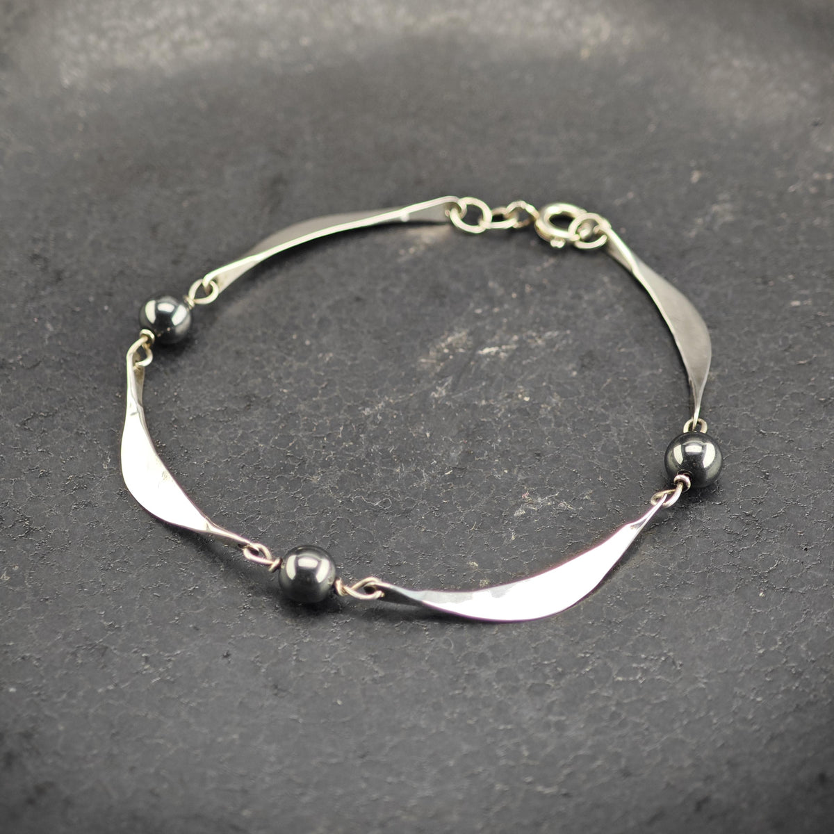 Dainty Modernist Hematite Sterling Silver Bracelet Sz 7" BR3160