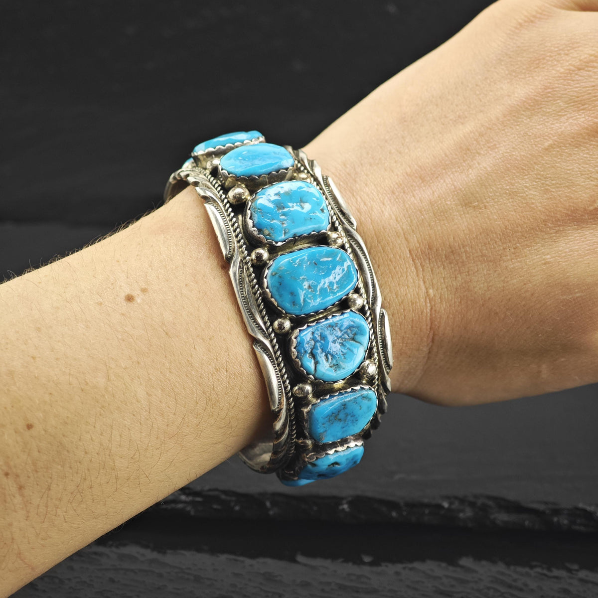 Vintage Navajo, Sleeping Beauty 9 Stone Turquoise Sterling Silver Cuff Sz 7" BR3128