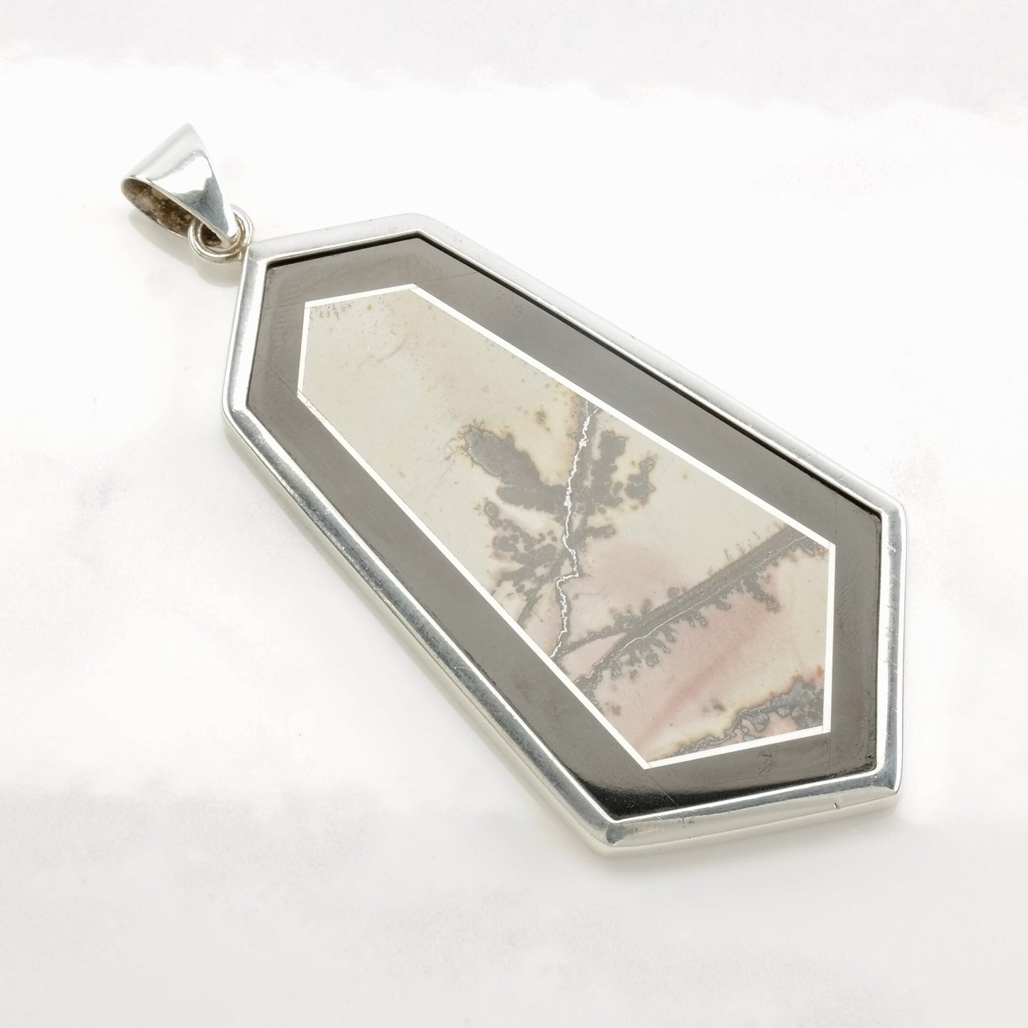 Vintage OOAK Modernist Intarsia, Onyx, Dendritic Agate Frame Sterling Silver Pendant