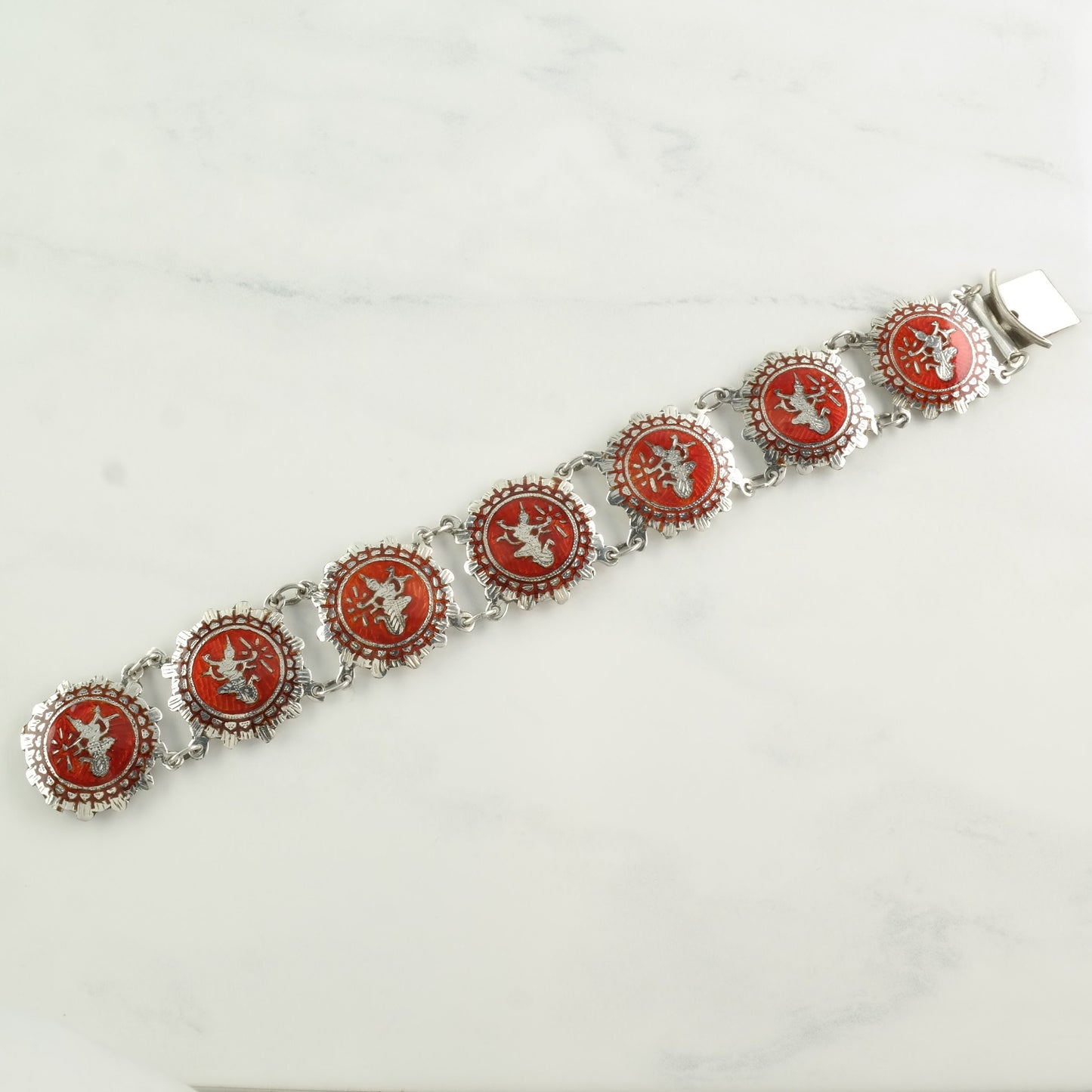 Vintage Red Niello Siam Bracelet Sterling Silver Link Enamel Dancer, Goddess