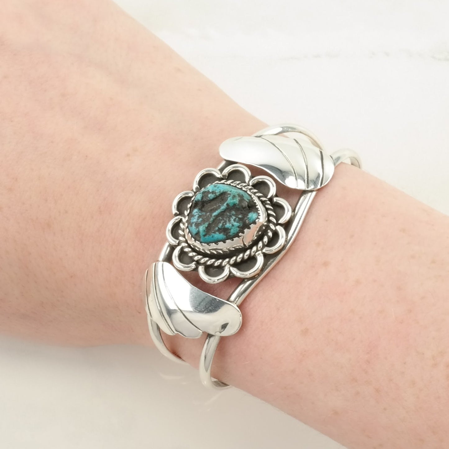 Vintage Southwest Sterling Silver Cuff Bracelet Blue Turquoise Floral