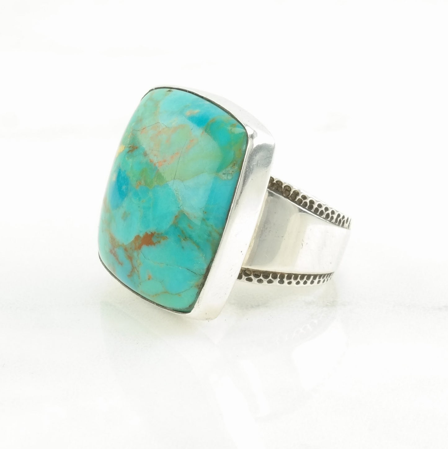 DTR Silver Ring Reconstituted Turquoise Large, Square Sterling Blue Size 7