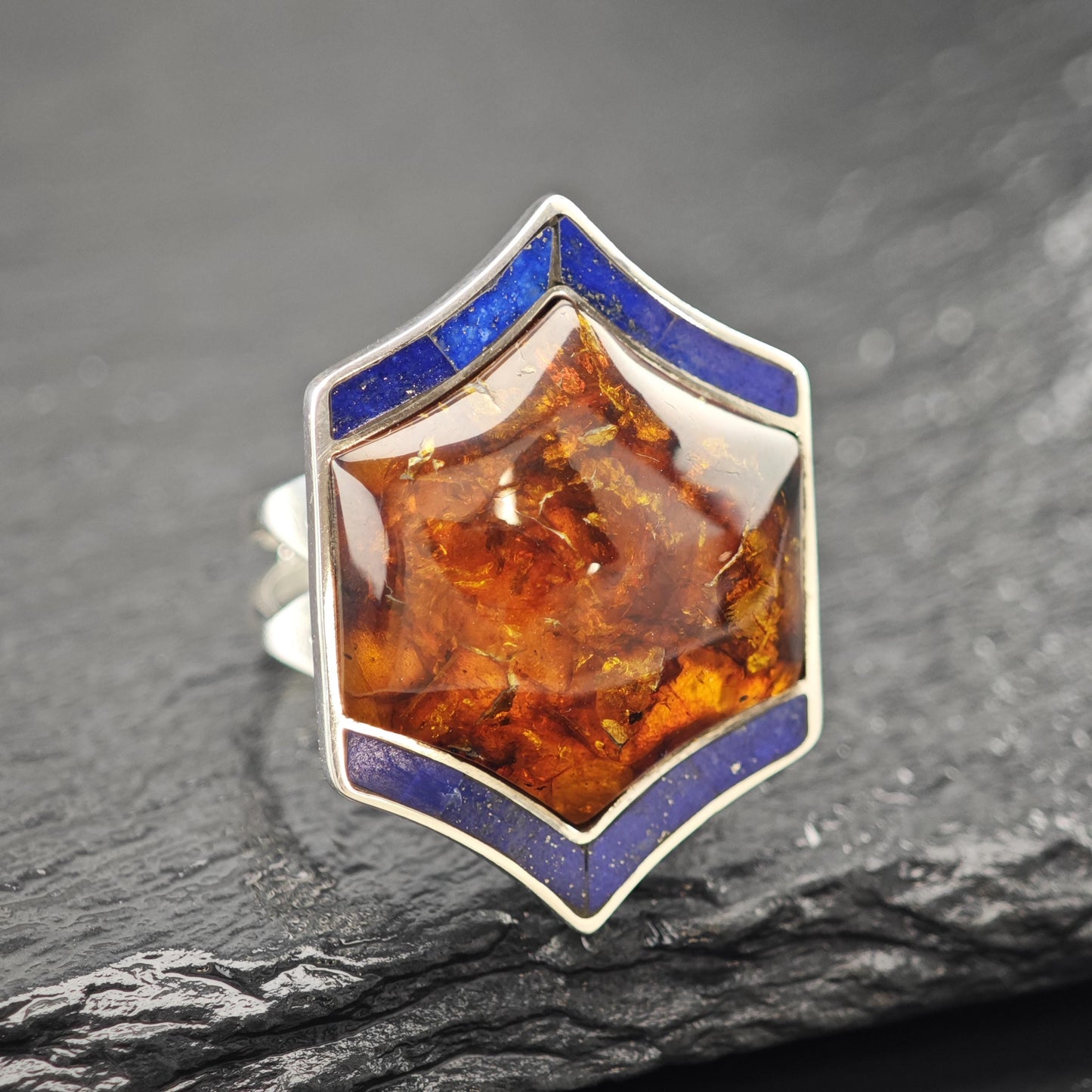 Amber and Lapis Ring Sterling Silver Size 9 R5957
