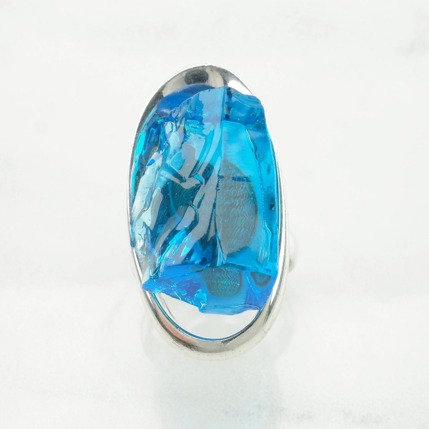 Sterling Silver Ring Crystal Modernist Bright Blue Size 8 1/2