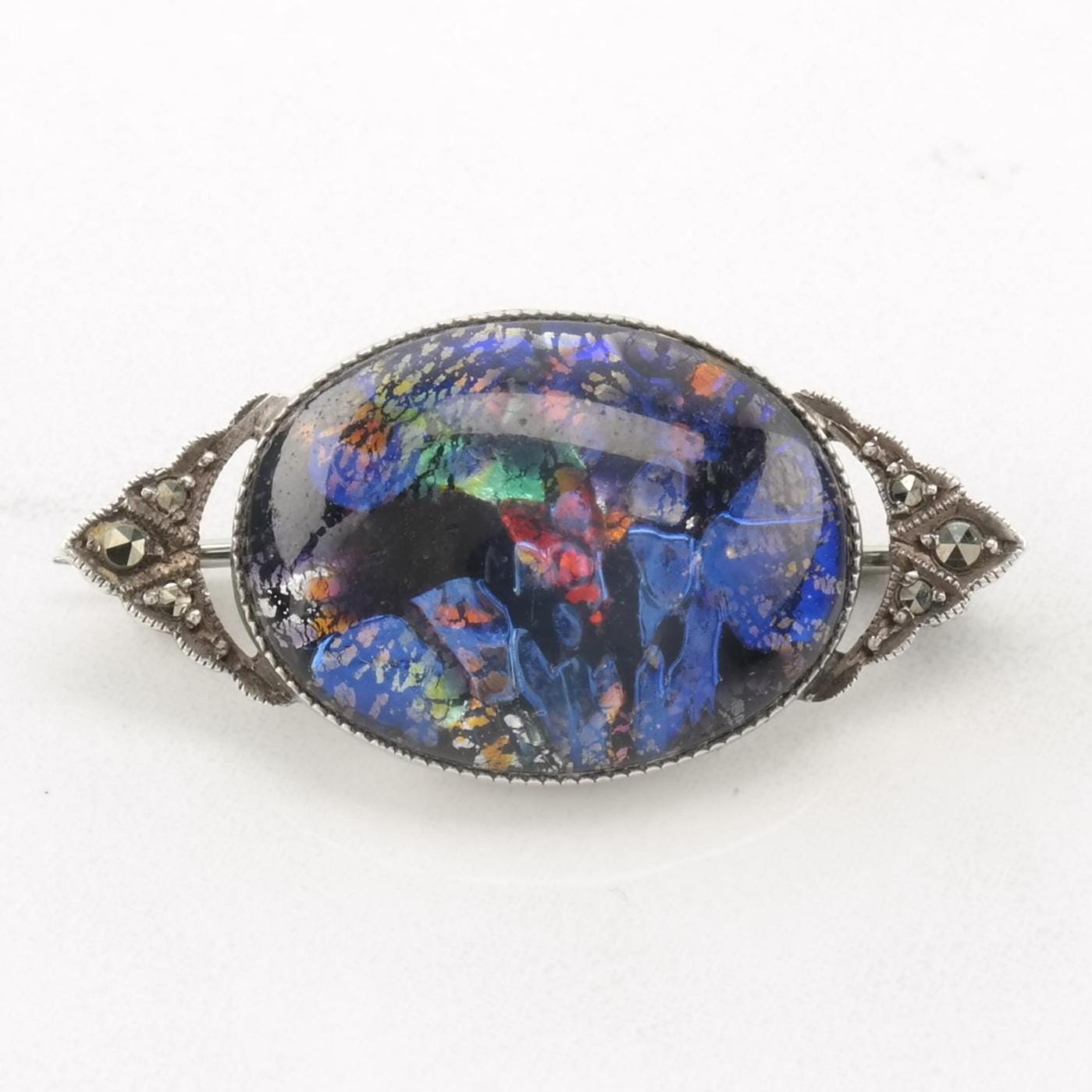 Art Deco Foiled Art Glass, Marcasite Sterling Silver Brooch Pendant B2005