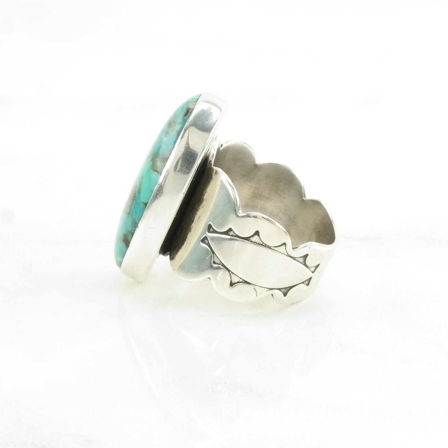 DTR Silver Ring Reconstituted Turquoise, Stamped Band Sterling Blue Size 7 1/4