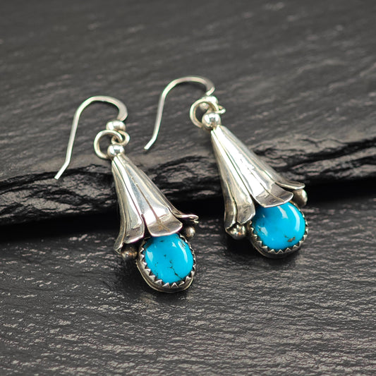 Vintage Blue Turquoise Blossom, Fish Hook Earrings Sterling Silver