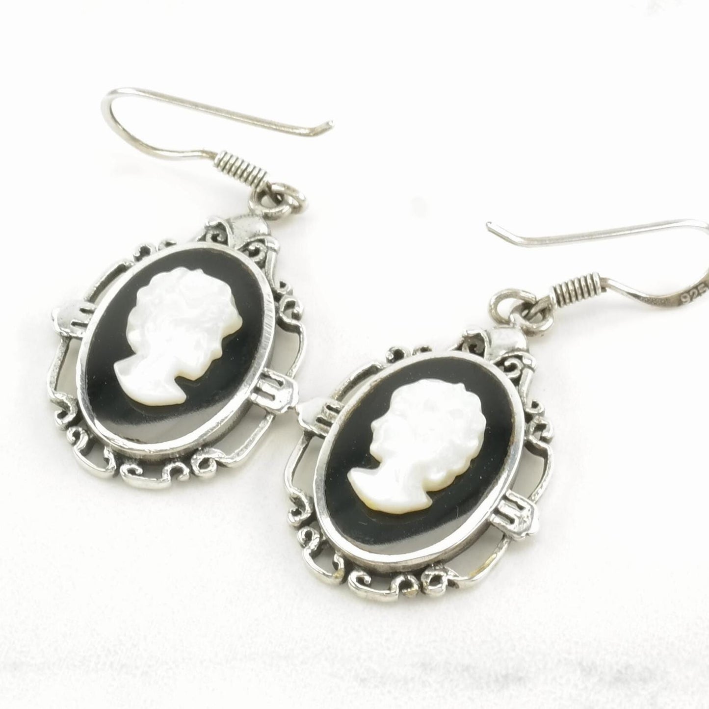 Sterling Silver Black, White MOP, Onyx Portrait Earrings Fish hook