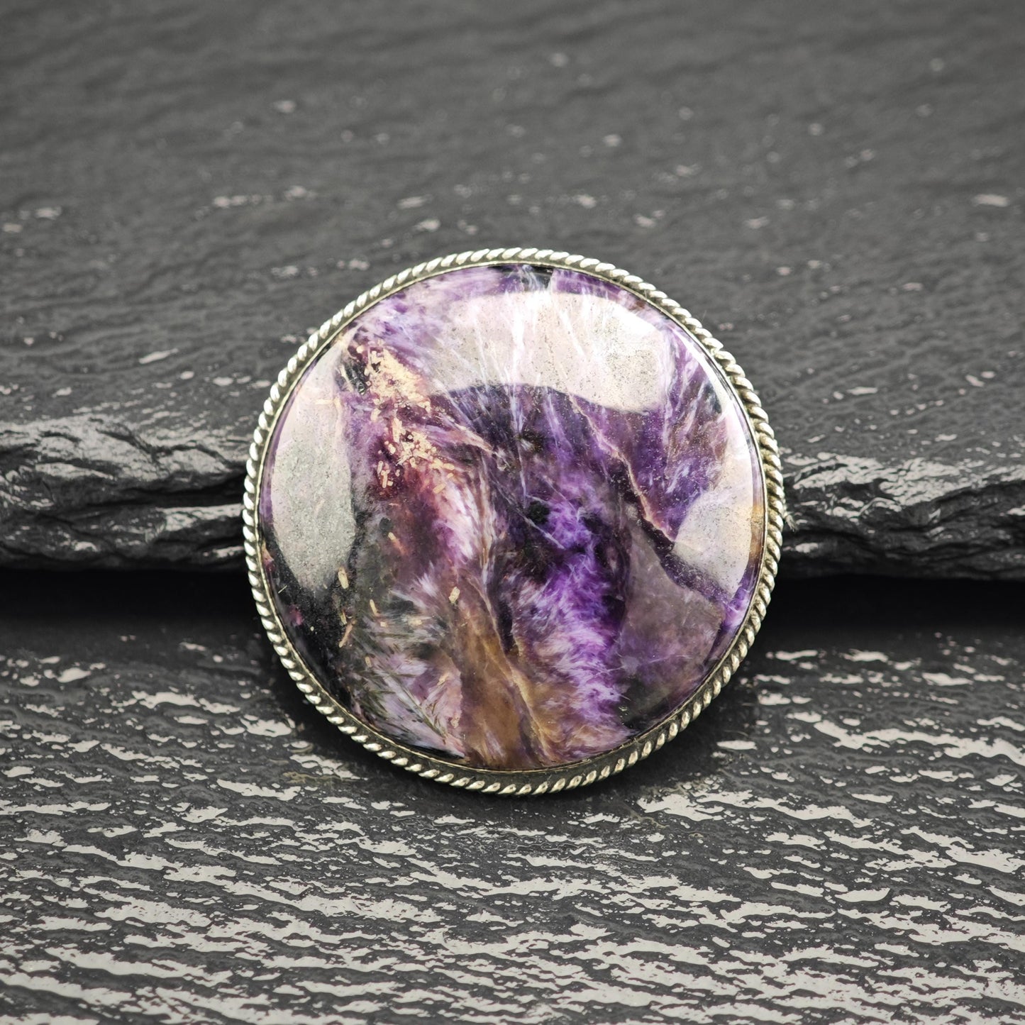 Charoite Round Brooch in Sterling Silver