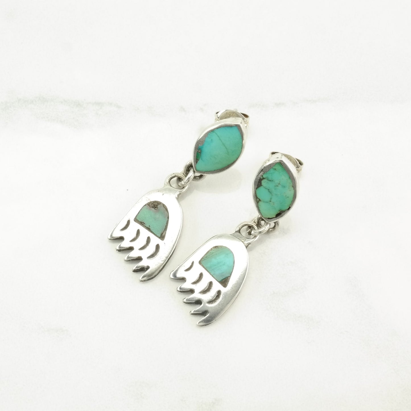 Native American Sterling Silver Blue Turquoise Inlay, Bear Paw Earrings Stud/dangle