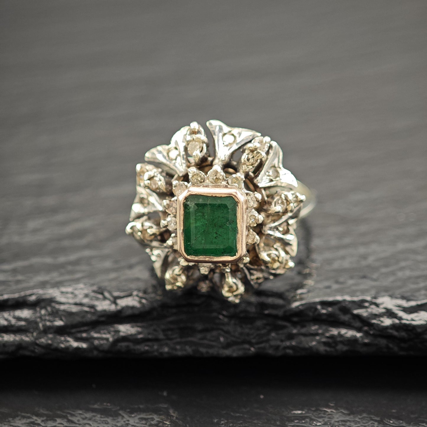 1ct Emerald Diamond Ring Sterling Silver Gold Bezel