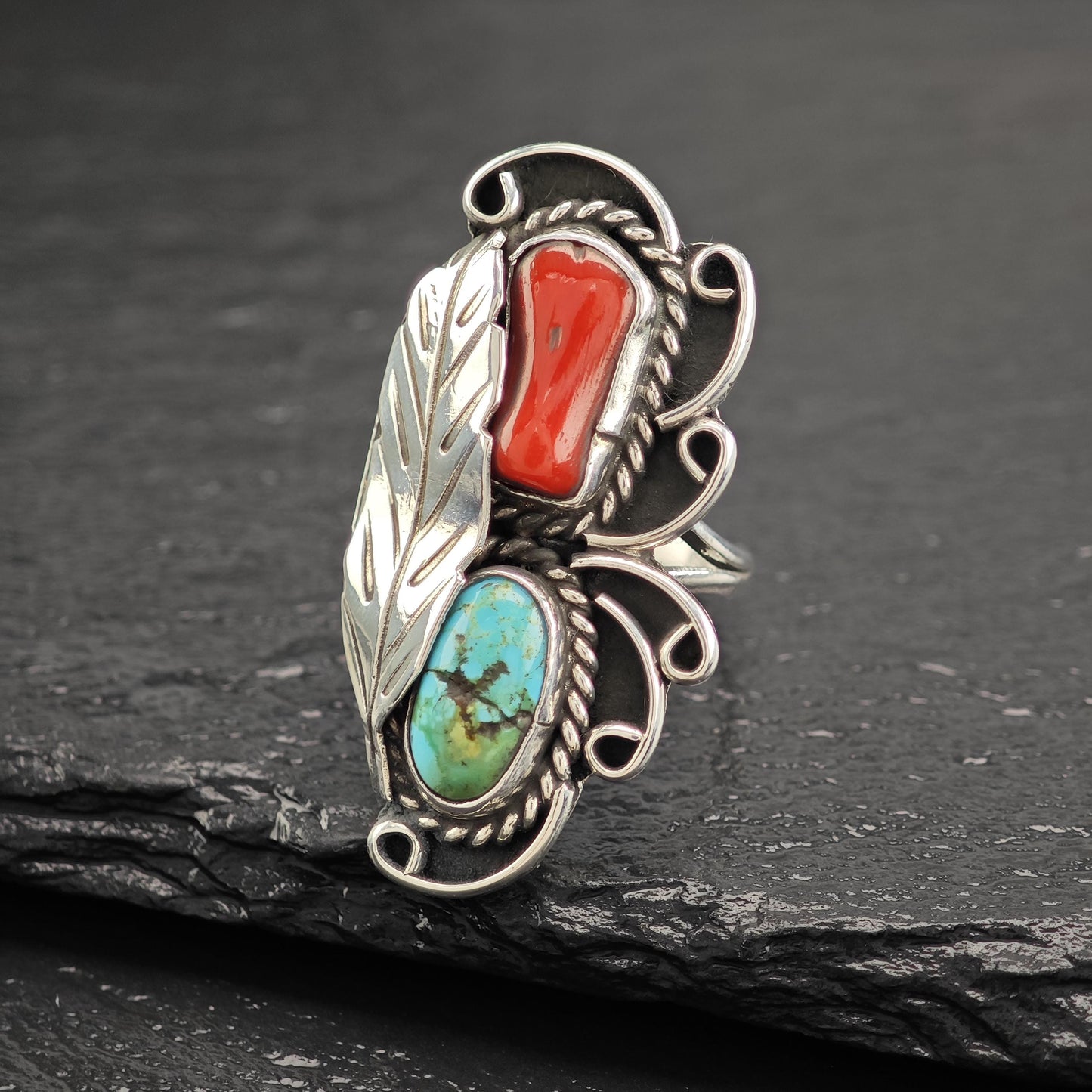 Turquoise Coral Ring Sterling Silver Native American R5826