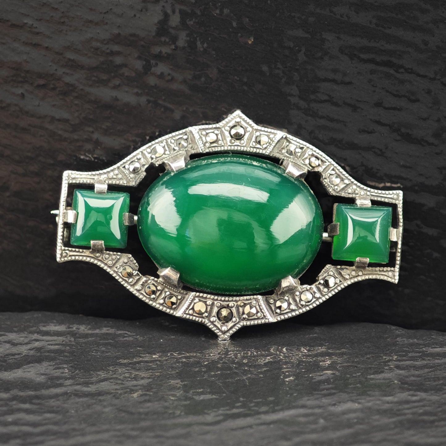 Art Deco Sterling Silver Brooch Oval Green Onyx, Marcasite B2141