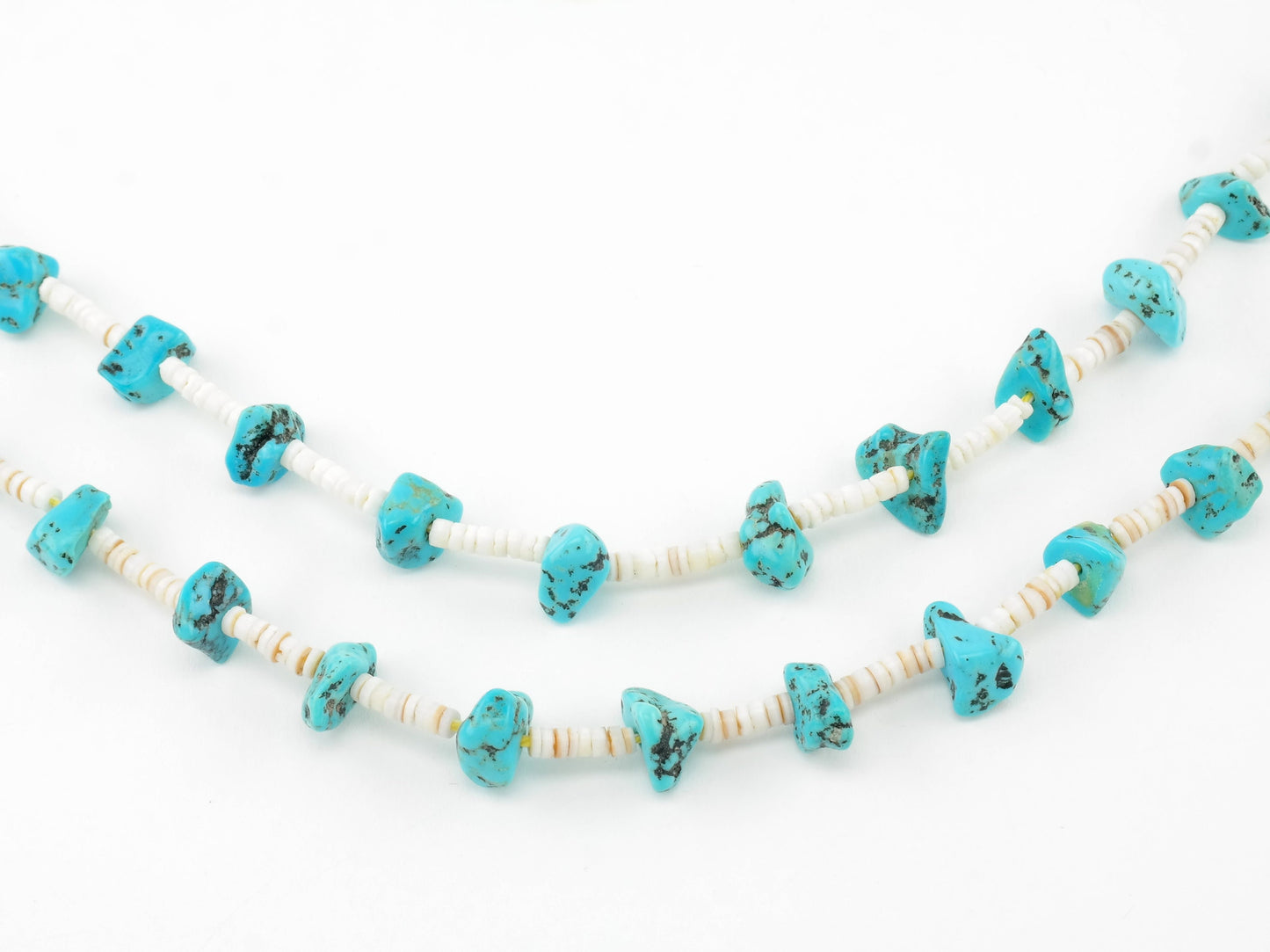 Sw Turquoise, Coral, Shell, Two Strand, Heishi Sterling Silver Bead Necklace N1626