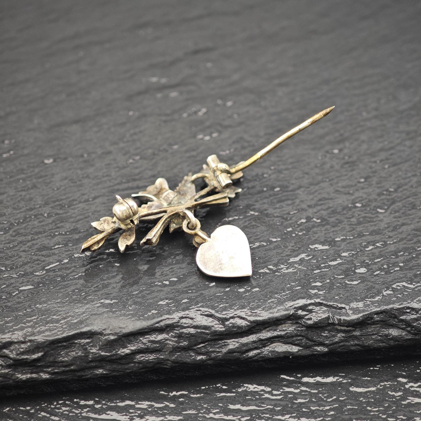 Victorian, Antique Bird, Heart Blue, Green Turquoise, Pink Ruby Brooch Sterling Silver