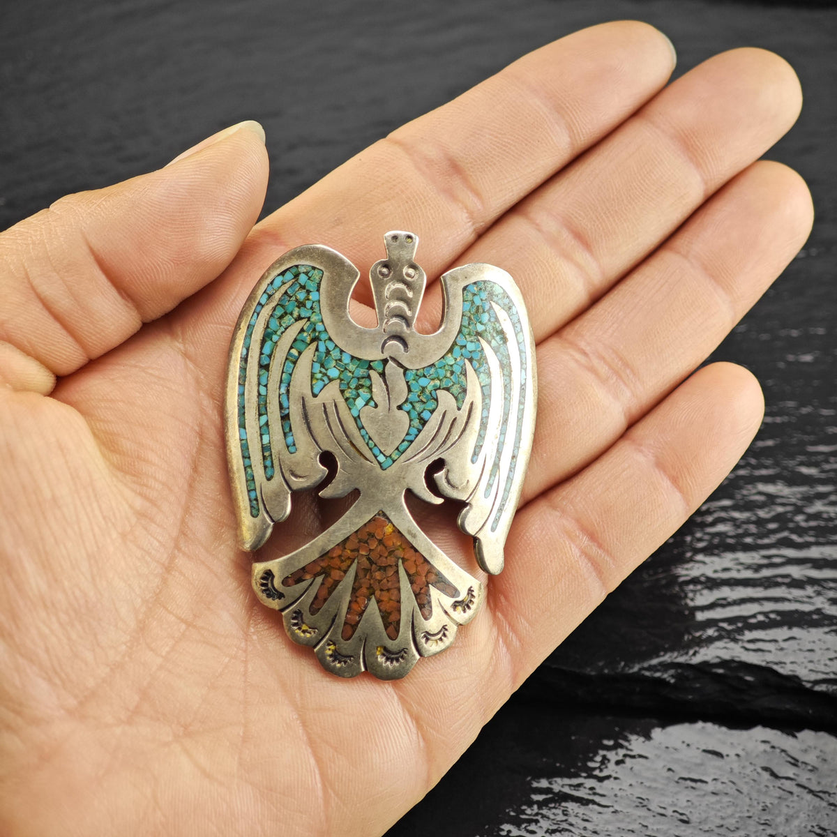 Jimmie Patterson Navajo Thunderbird Turquoise, Coral Inlay Sterling Silver Pendant P3152