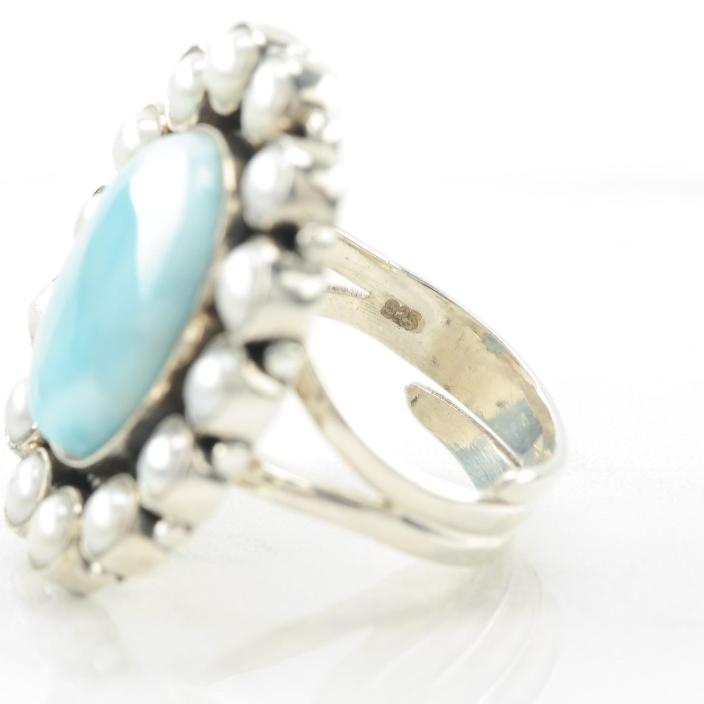 Vintage Large Sterling Silver Larimar Pearl Ring Adjustable