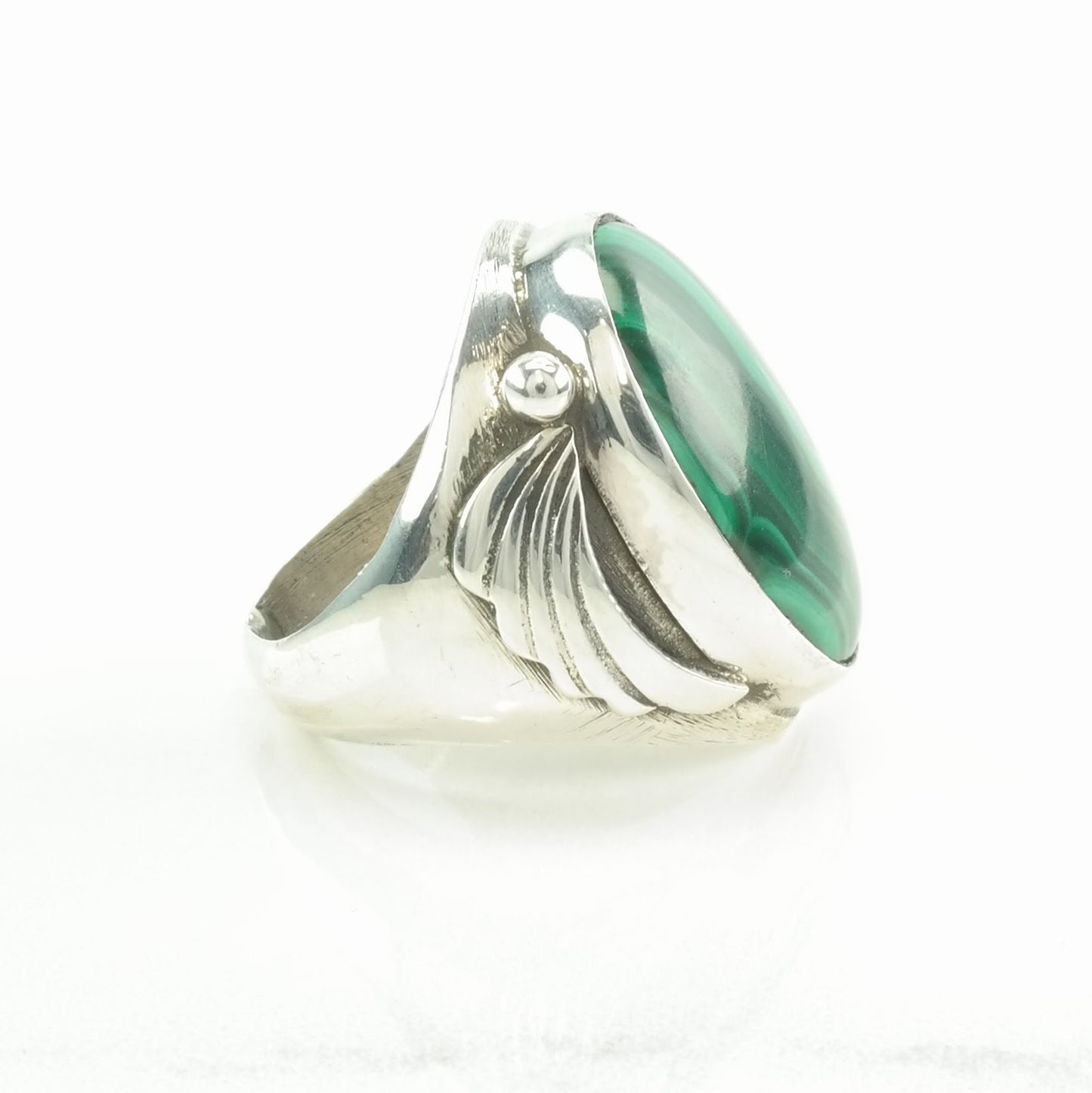 Large Silver Ring Malachite Leaf Sterling Green Size 9 1/2