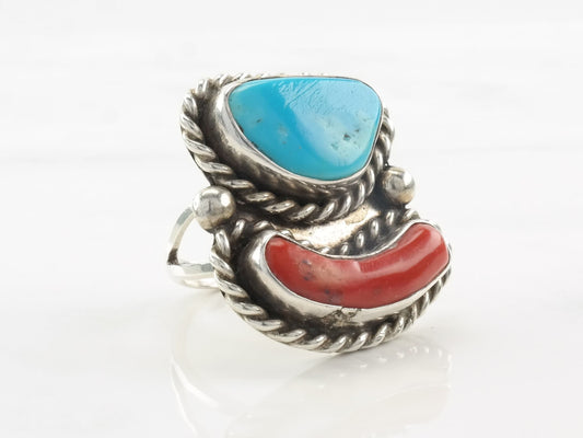 Native American Ring Turquoise, Coral Sterling Silver Size 6 3/4